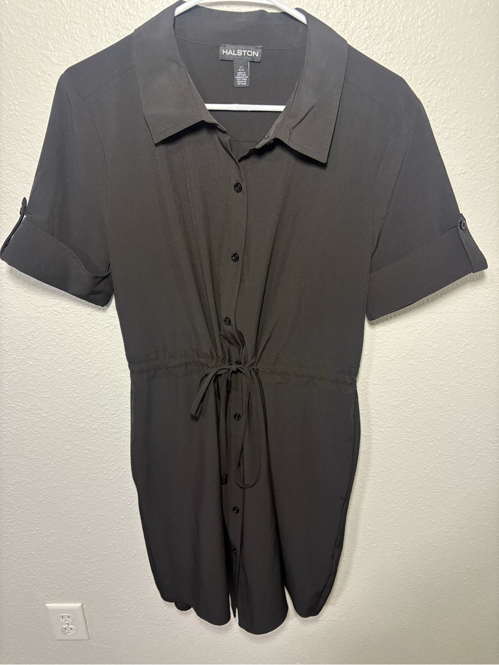 Halston Heritage Black Short-Sleeve Shirt Dress with Drawstring Waist Size Large